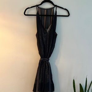 BCBG charcoal grey 100%silk chiffon A line dress with metallic lace slip -size 6